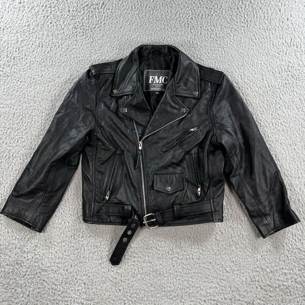 Vintage FMC Leather Motorcycle Biker Jacket Youth Girls size 14 80s 90s Cute!!